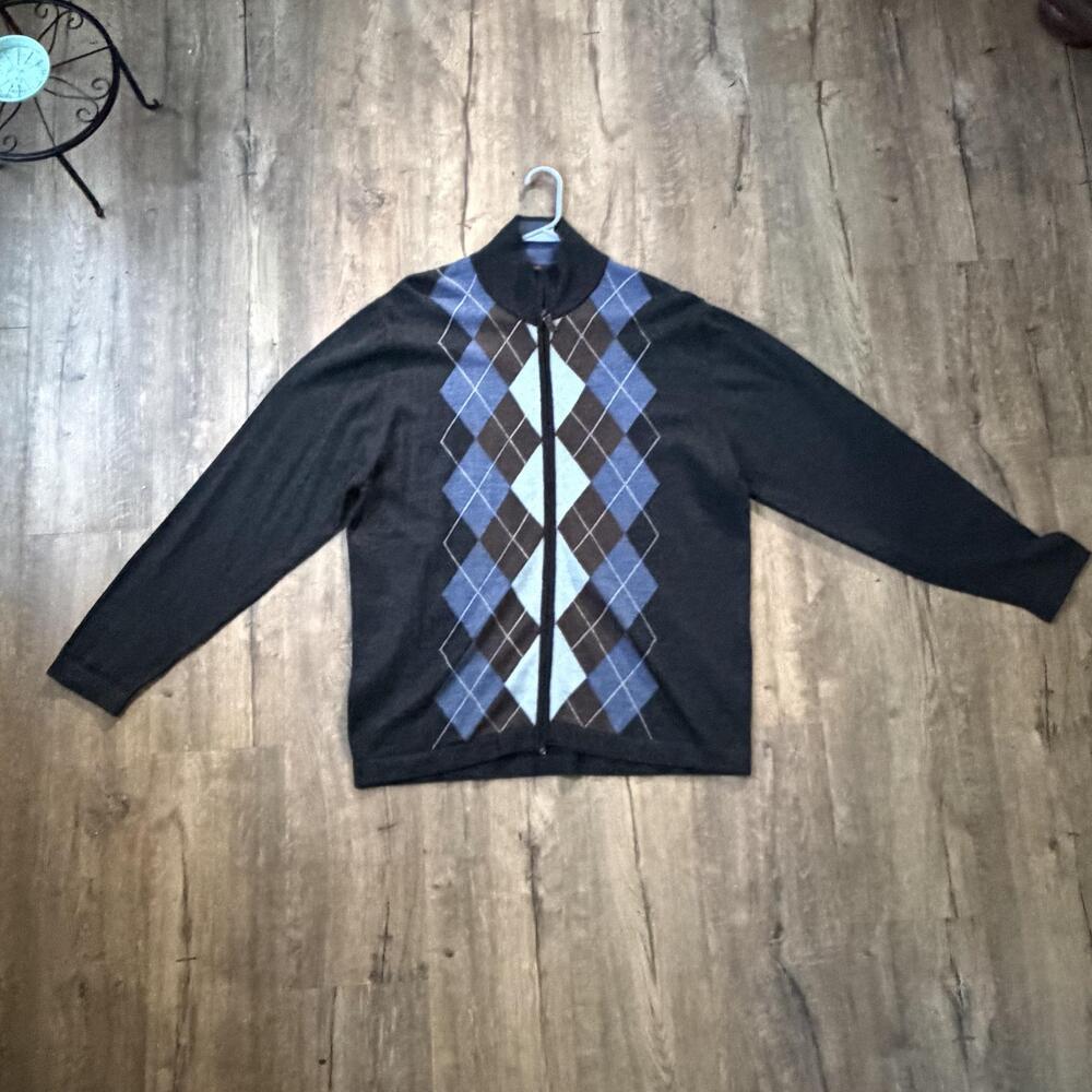 Sette Ponti Sweater Mens Large Gray Argyle Full Zip Mock Neck Merino Wool Italy